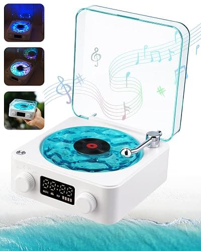 Waves Vinyl Bluetooth Speaker, Vinyl Record Player Style Speaker with Ocean Sound White Noise, Retro Bluetooth Speaker with Ambient Light and Timer, Mini Record Player Cute Speaker, White - Image 1