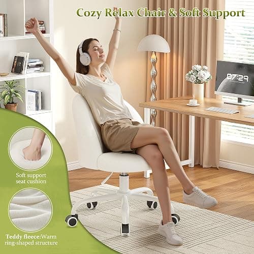 DurayLoly White Vanity Chair with Wheels, Cute Desk Chair with Back, Armless Office Chair Height Adjustable, Soft Lumbar Support for Small Space, Bedroom thumbnail 3
