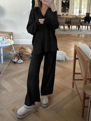 ANRABESS Women Two Piece Outfits Sweater Sets Lounge Waffle Knit Pullover Matching Wide Leg Pants Tracksuit 2025 Fall Fashion thumbnail 5