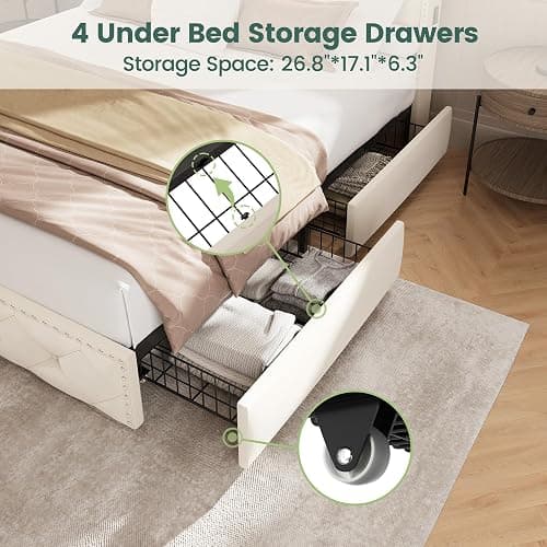 LARMACE Queen Size Bed Frame with 4 Storage Drawers and Charging Station,Velvet Upholstered Platform Bed Frame with LED Headboard,Heavy Duty,No Box Spring Needed,Easy Assembly,Beige thumbnail 7