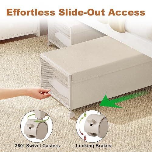 Fokyfok 2PC Under the Bed Storage Containers,12 inch Height Under Bed Shoe Storage,31inch Long Underbed Storage with Wheels,Large Rolling under bed Clothes Storage Drawers with Lid for Dorm Tall,Ivory thumbnail 4