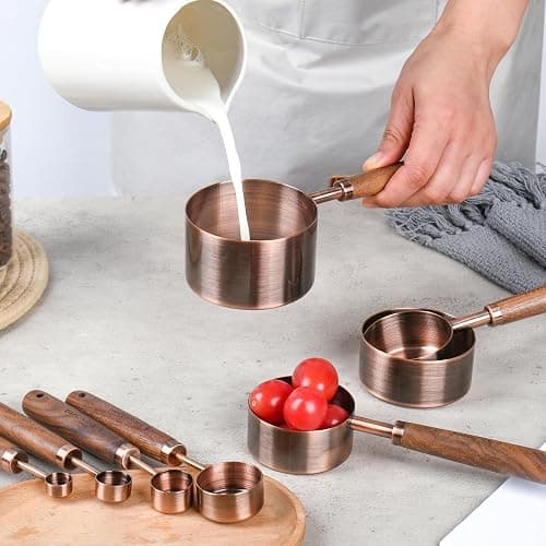 Smithcraft Copper Measuring Cups & Spoons Set 8, Stainless Steel Measuring Cups and Spoons Set for Baking and Kitchen, Metric & US Metal Measure Cup & Spoon with Wood Handle for Dry & Liquid thumbnail 2