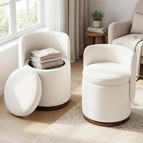 smartue Ottoman with Storage, Round Vanity Stool with Back | 22L Hidden Seat, 360° Swivel, Reversible Lid, No Wheels, Upholstered Makeup Footstool for Bedroom thumbnail 8