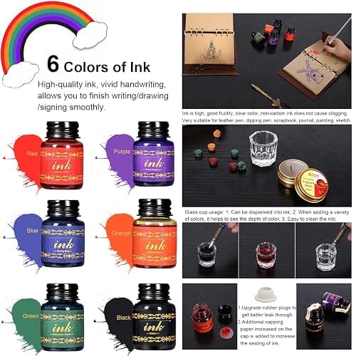 Vintage Pheasant Quill Pen Ink Set,Feather Dip Pen Set with Classic Spiral Bound Leather Notebook,Beginners Glass Dip Pen Wood Calligraphy Pen Craft Decoration Pen,Best Gift Kit for Writing,Drawing thumbnail 6