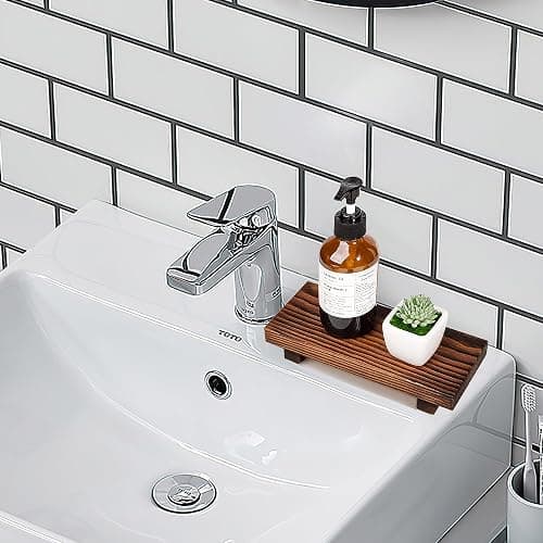Bathroom Counter Organizer Wood Pedestal Stand Farmhouse Decorative Tray Soap Holder for Kitchen Decor, Small, Dark Brown thumbnail 4