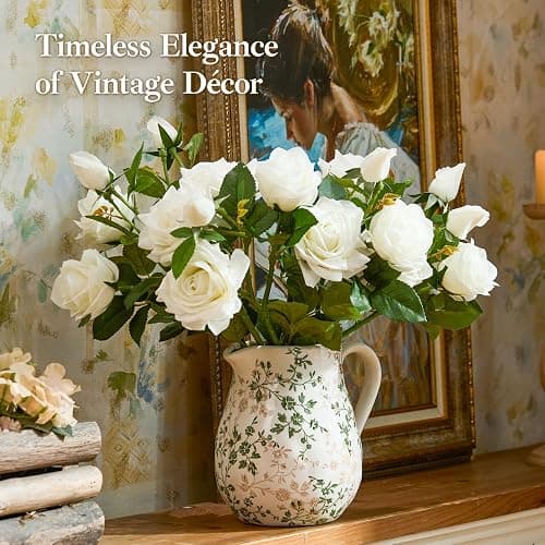 Ceramic Green and White Floral Vase with Handle, Rustic Farmhouse Pitcher Flower Vase, Chinoiserie Floral Vase for Home Decor, Living Room, Shelf, Office, Rustic Table Centerpiece 8 Inch thumbnail 5