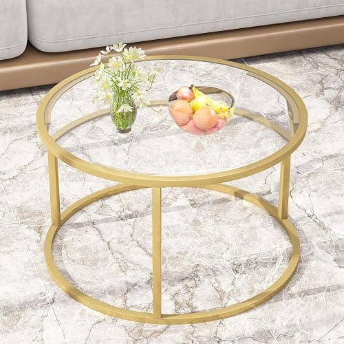 Glass Coffee Table,Round Gold Coffee Table for Small Space,27" Modern Center Table,Glass Top Clear Coffee Table with Sturdy Metal Frame for for Living Room Home Office, Easy Assembly thumbnail 6