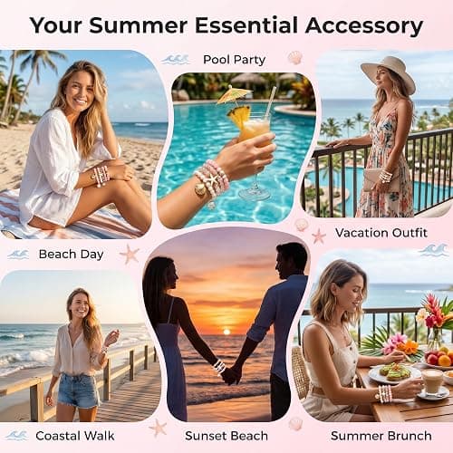 YOJO 5 Pcs Pink Beach Bracelets for Women, Summer Preppy Ocean Beaded Bracelet Set with Shell and Starfish Charms, Stackable Aesthetic Stretchy Jewellery, Vacation Gift for Girls thumbnail 6