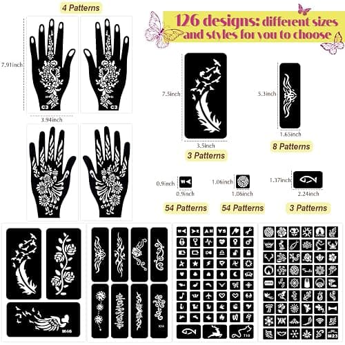 MuseLuxe 126 PCS Temporary Tattoos Stencils Kit,Temporary Tattoos Kit - 6 Pcs 2 Color(Brown Black) Ink with Gloves,DIY Body Art Painting for Women Men Adults Kids thumbnail 7