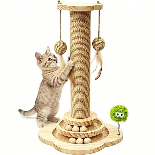 TINYBEAST Wooden Cat Scratching Post fot Kittens, 4 in 1 Cat Scratcher Toy with Cat Ball Tracks, 18" Tall Sisal Scratch Post for Indoor Kittens, Interactive Feather Toy and 2 Sisal Hanging Balls - Image 1