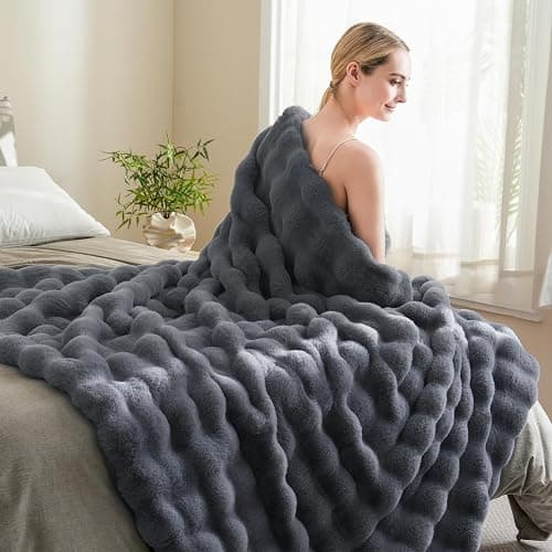 BENVWE Faux Fur Throw Blanket for Couch - Fluffy Soft Thick Bubble Blanket for Living Room Home Decor - Mothers Day Birthday Gifts for Women, Grey, 51" x 63" thumbnail 7