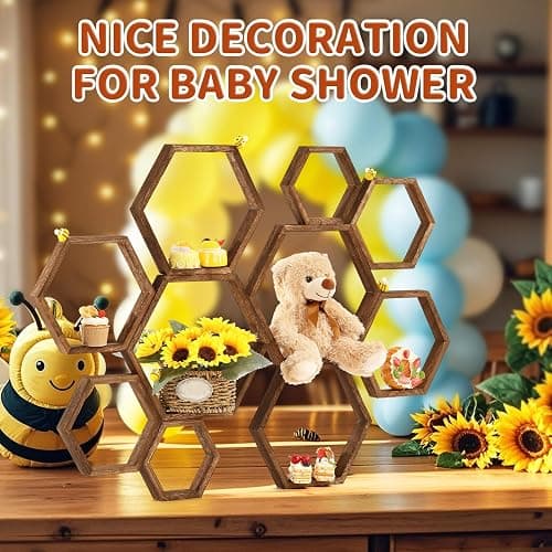 Gerrii 10 Pcs Honey Comb Decorations 5 Sizes Wood Hexagon Shelves Honeycomb Centerpiece Cupcake Stand Wooden Bee Hive Display Holder for Baby Shower Honeybee DIY Birthday Party Decor (Dark Brown) thumbnail 5