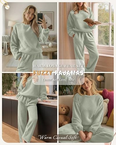 Oakgarden Women's Fuzzy Pajamas Sets Warm Fleece Loungewear Outfit Cozy Long Sleeve Fluffy Pullover Pant Set 2 Piece thumbnail 2