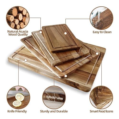 Acacia Wood Cutting Board Set of 4 with Stand, Wooden Chopping Boards with Food Icons for Kitchen, Charcuterie Board for Meat, Vegetables, Fruits, Cheese thumbnail 3