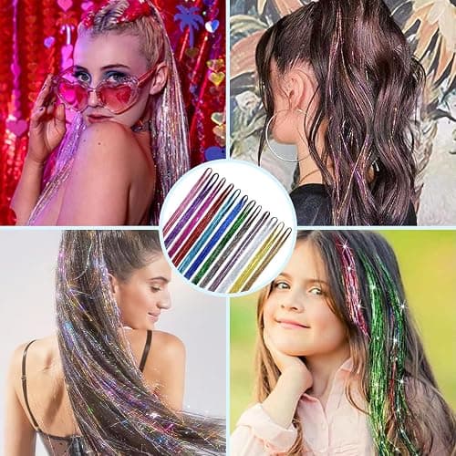 SYEYCW 12 Pieces 2400 Strands Hair Tinsel, 93 cm / 36.6 inch Hair Glitter Strands, Shiny Colorful Straight Hairs Extensions, Accessories for Christmas New Year Halloween Cosplay Party, 12 Colors thumbnail 6