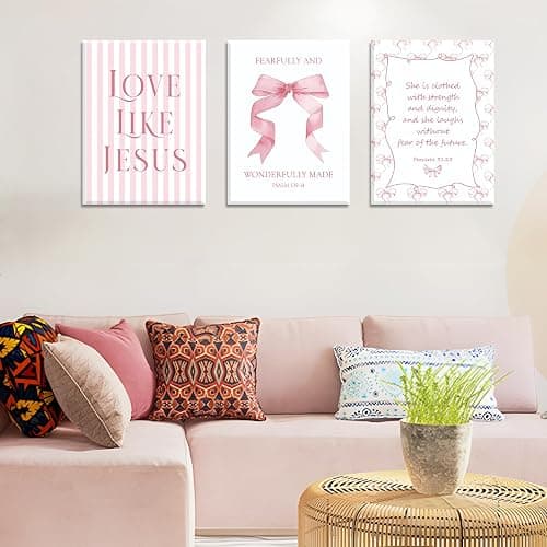 Coquette Pink Bow Wall Art Set of 3, Light Pink Bow Dorm Room Wall Decor Paintings, Inspirational Scripture Verses Canvas Posters Prints Pictures for Girls Dorm Room Bedroom Bathroom 12x16 Inch Framed thumbnail 6