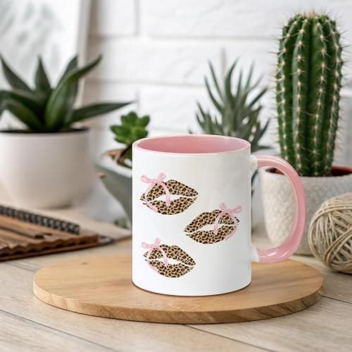 Foyoulame Pink Bow Leopard Print Lips Coffee Mugs, Leopard Cheetah Mug - Preppy Coquette Bow, Coffee Teacup, Preppy Girly Gift Mugs for Women Girls, Coquette Cheetah Print Lips Ceramic CoffeeMug 11oz thumbnail 2