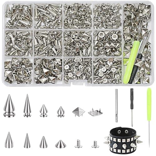 XKCWXY 600 Sets Punk Studs and Spikes Kit,8 Size Cone Spikes and Square Pyrami Studs for Clothing,Metal Tree Spikes Studs for Leathercraft and Punk Style Clothing Accessories DIY Craft Decoration - Image 1