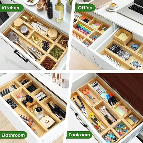 Bamboo Drawer Organizer Set, 9 PCS Multi-Use Individual Wood Storage Organizers, Junk Drawer Divider and Storage Trays Containers for Kitchen, Bathroom, Office Desk, Makeup, Jewelry, Utensils thumbnail 7
