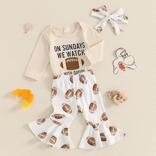 Karuedoo Newborn Baby Girl Football Outfit On Sundays We Watch Football with Daddy Romper Flared Pants Headband 3 Piece Set thumbnail 4