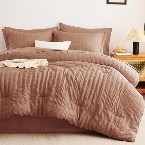 CozyLux Queen Comforter Set Mocha Mousse Seersucker 7 Pieces Bed in a Bag Queen Comforter Set with Sheets, Luxury Bedding Sets with Down Alternative Comforter, Sheets, Pillowcases & Shams All Seasons thumbnail 9