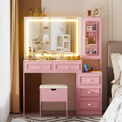 SDMY Vanity Desk with Mirror and Lights, Makeup Vanity Set with 5 Storage Drawers,Power Outlet,Small Dressing Table with Lights 3 Colors,Transparent Top Vanity with Jewelry Organizer for Bedroom,Pink thumbnail 8