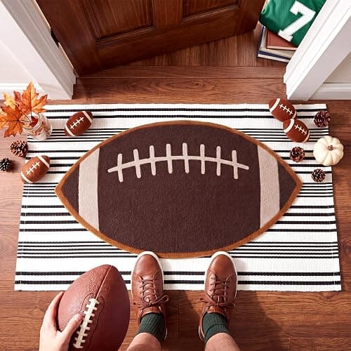 Moucuny 2 Pcs Football Coir Doormat, Football Outdoor Rug, Non Slip | Rugby Ball, Football Mat for Front Door, Black and White Outdoor Rug Decor for Front Porch Entrance, 16'' x 28'', 24'' x 35'' - Image 1