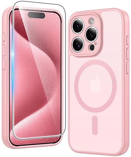 FNTCASE for iPhone 15 Pro Case: Matte Magnetic Phone Cases with Screen Protector Compatible with Magsafe Slim Anti Yellowing Rugged Shockproof Protective Translucent Cell Phone Cover (C-Pink) - Image 1