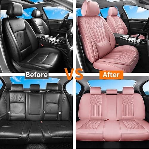 GEZHOUBA Pink Car Seat Covers Full Set, Full Coverage Luxury Leather Car Seat Protector Universal Fit for Most Cars SUVs Pick-up Trucks, Pink Seat Covers Car Interior Accessories for Women thumbnail 9