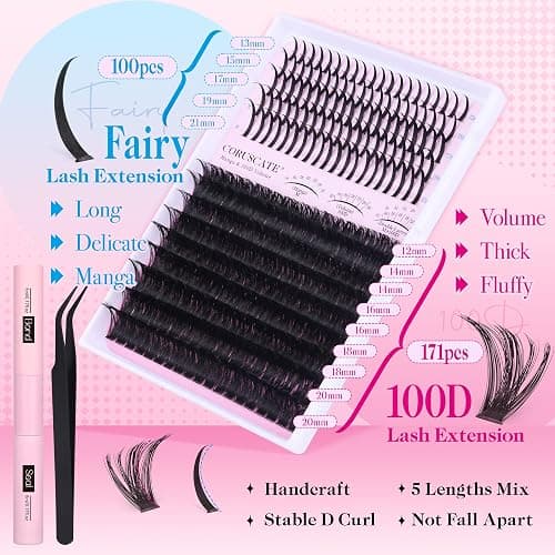 Lash Clusters Kit 100D Long Lash Spikes Lash Extension Kit Thick Eyelash Clusters Volume Individual Lashes Kit Mega Cluster Eyelash Extensions Strip Lashes DIY Spiky Lash Bond and Seal by CORUSCATE thumbnail 5