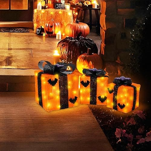 Caxchiling Halloween Lighted Gifts Boxes 3 Pak Gift Boxes with 52 Led Lights Bats Battery Operated Timer Light Up Boxes Decorations for Indoor Home Porch Party Yard - Top bat decor thumbnail 6