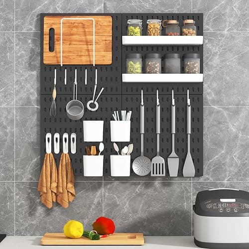VEOFEMLEA Peg Board Combination Kit, 4 Pegboards with 20 Accessories, Pegboard Wall Organizer for Office, Nursery & Home Storage, Key Holder, 25.6"x25.6" – Nail-Free Installation（Black） thumbnail 7