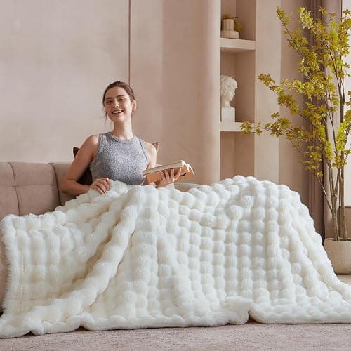 Serenhom 50x60 Inches Ultra-Soft Fuzzy Faux Fur Plush Throw Blanket - Thick, Warm Sherpa for Couch, Sofa, Bedroom, Camping - Decorative Blanket for Cozy Warmth, Bubble Ivory White thumbnail 4