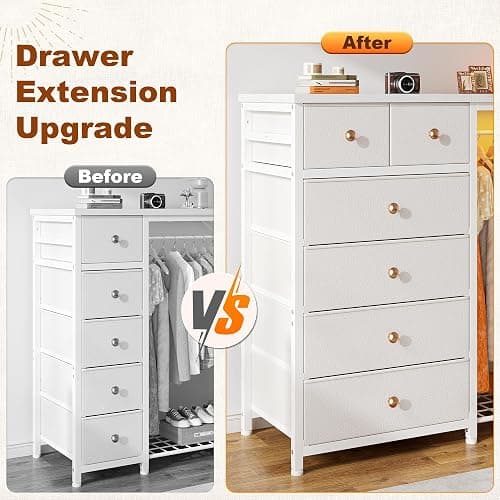 EnHomee 49.2" W Dresser with Hanging Rack & 6 Drawers, Grid Panel & 4 Hooks | Featuring LED Lights and Charging Station, Wooden Top Organize Unit for Bedroom, Chest of Drawers with Steel Frame, White thumbnail 7