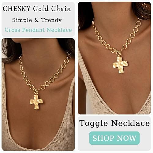 CHESKY 14K Gold Plated Chunky Cross Necklace for Women Toggle Clasp | Hammered Cross Pendant, Statement Gold Necklace, Chunky Gold Chain, Toggle Clasp Jewelry, Vintage Trendy Style thumbnail 7