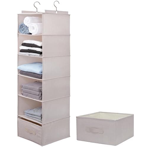 tulinstiraga Large Hanging Sweater Organizer for Closet,Collapsible 6-Shelf Hanging Closet Shelves with Drawers, Washable (Beige -6 Shelf-1 d) - Image 1