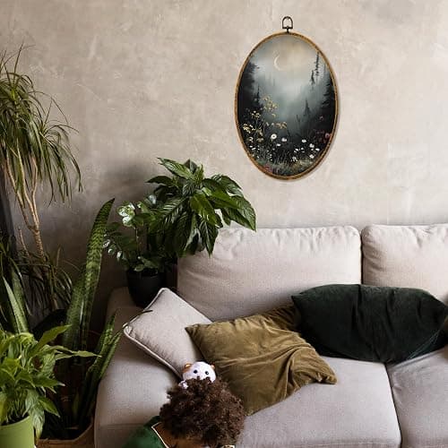 Hiuwevt Vintage Moody Forest Moon Oval Wall Art Decor, Dark Cottagecore Flower Field Framed Canvas Prints, Rustic Landscape Oval Wall Hanging Decor for Home Bedroom Decorations, 8.6x11.4 Inches thumbnail 5