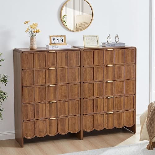 ORRD 5 Drawer Dresser for Bedroom, Modern Closet Chest of Drawers with Wave Fluted Drawer, Wood Storage Small Dresser Organizer for Nursery Bedroom Living Room Hallway Closet (Walnut) thumbnail 9