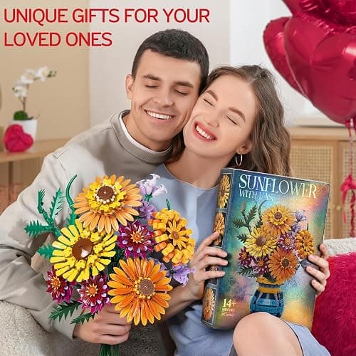 Flower Bouquet Building Blocks Set with Vase, Valentines Day Gifts for Her Wife Him, 1065PCS Sunflower Botanical Collection Artificial Flower Birthday Gifts for Women Men Teen Girls Mom Teacher Adults thumbnail 6