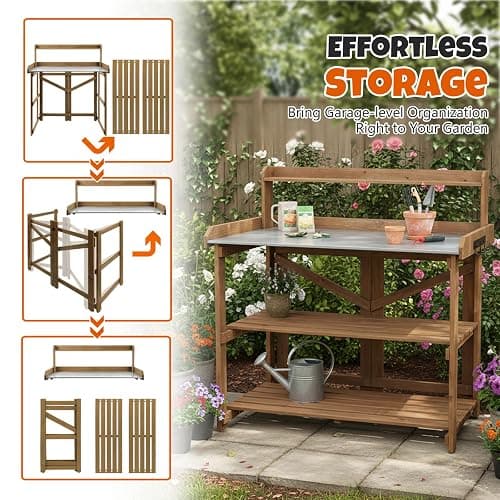 Outdoor Potting Bench Table, Indoor Wooden Work Station with Metal Table Top, Metal Hooks, Large Shelves, Heavy-Duty Gardening Workbench for Garden, Backyard, Patio, BBQ Prep Station, Easy Assembly thumbnail 8