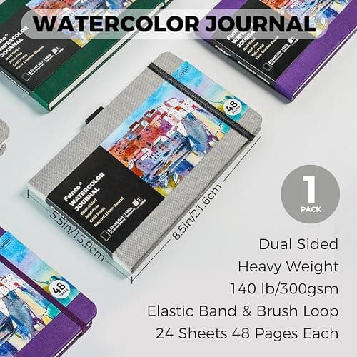 Funto Watercolor Journal, 8.5x5.5, 48 Pages, Cold-Pressed, Inner Paper Pocket and Elastic Band, Art Supplies for Mixed Media thumbnail 5