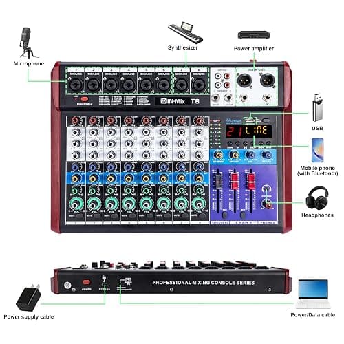 W IN-MIX Professional 8 Channel Mixer with Bluetooth, USB Recording, 48V Phantom Power & 24 DSP Effects – Studio & Live Console for DJ, Streaming and Karaoke thumbnail 7