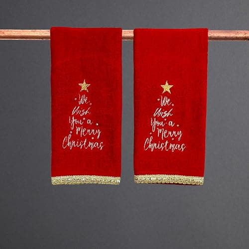 Serafina Home Holiday Christmas Bath Fingertip Towels, Embroidered Gold We Wish You a Merry Christmas with Gold Lace Hem, 2 Piece Set, 12 x 18 inches, 100% Cotton thumbnail 2