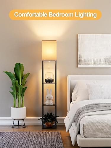 Floor Lamp with Shelves for Living Room, Shelf Floor Lamp with 3 CCT LED Bulb, Corner Display Standing Column Lamp Etagere Organizer Tower Nightstand with White Linen Shade for Bedroom, Office thumbnail 5