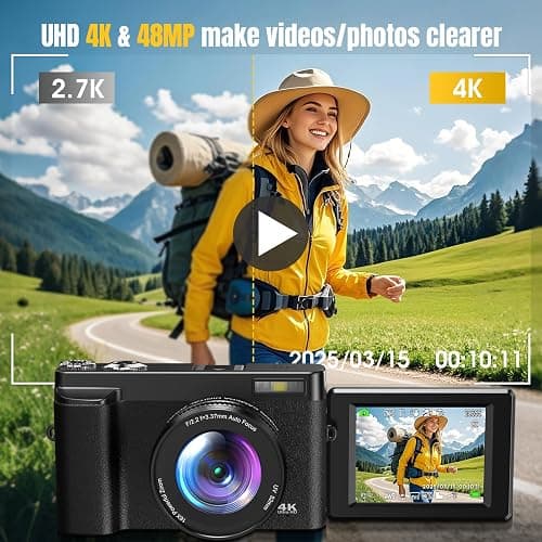 4K Digital Camera for Photography, UHD Autofocus 48MP 180° Flip Screen 16X Zoom Compact Point Shoot Vlogging Camera for YouTube with 2 Batteries, 32GB Card (Black) thumbnail 2