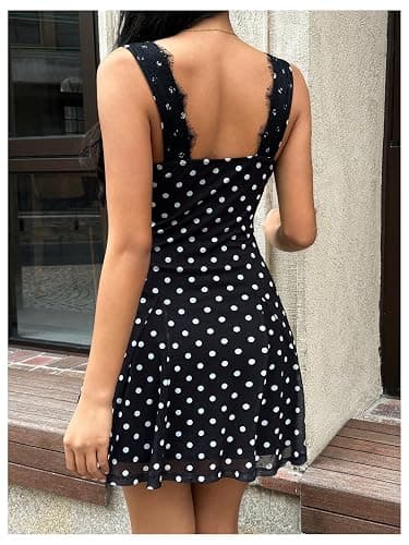 SOLY HUX Women's Polka Dots Mini Dress Lace Trim V Neck Sleeveless A Line Flowy Party Going Out Dresses thumbnail 2