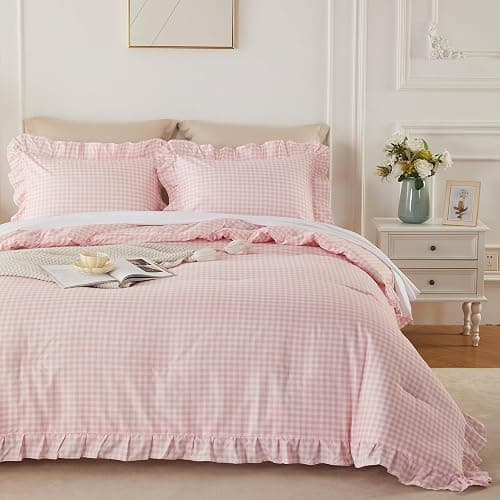 Gingham Ruffle Comforter Set Queen - 3 Piece Pink Checkered Bedding Set - Aesthetic Cottagecore Ruffled Farmhouse Comforter with 2 Pillow Shams - Soft, Lightweight All Season Bedding (90"x90") - Image 1
