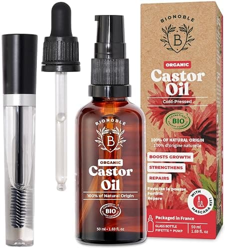 BIONOBLE Organic Castor Oil Cold Pressed + Mascara Kit - Hexane Free, 100% Natural - Pure Castor Oil Organic for Eyelashes, Hair Growth, Eyebrows, Skin, Face - Glass Bottle, Pipette and Pump - 50ml - Image 1