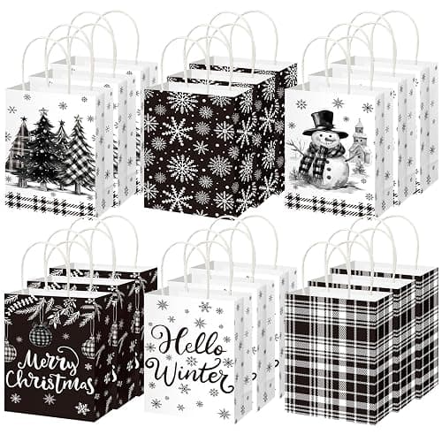 Fourluoo 30 Pack Winter Paper Gift Bags with Handles Black and White Winter Snowman Tote Bags 5.9 x 3.1 x 8.3 Inch Christmas Party Favor Snow Pine Candy Gift Handbag for Xmas Party Supplies - Image 1
