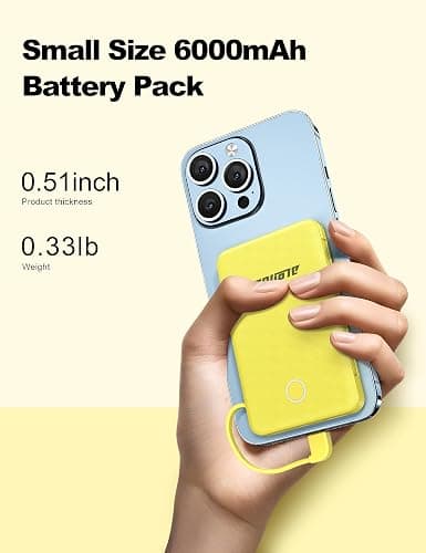 Alongza 6000mAh Small Portable Phone Charger with Built in Cable Lightweight Power Bank Type C Fast Charging External Battery Pack Slim Backup Charger Compatible with iPhone, Android - Yellow thumbnail 2